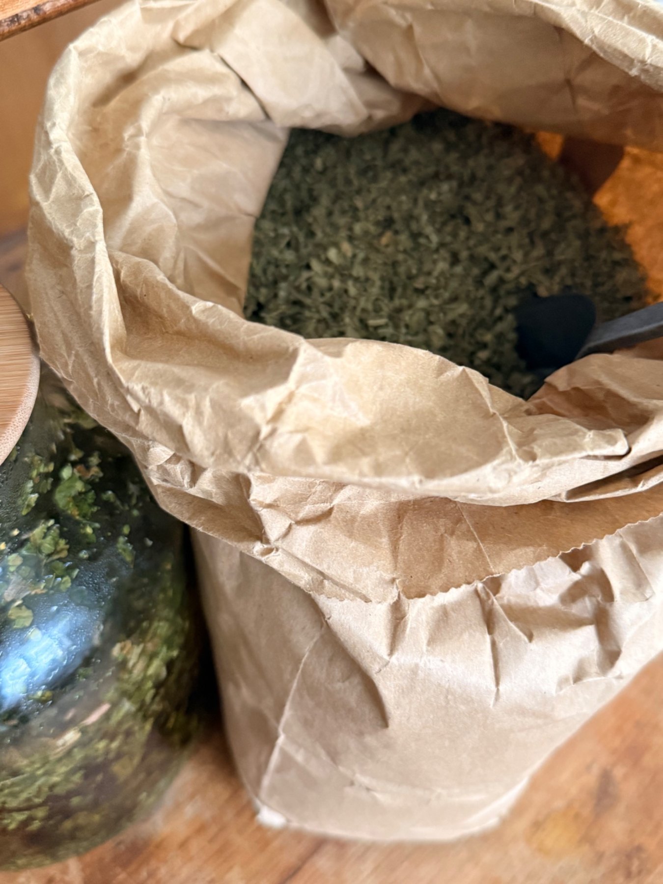 Dried herbs stored in paper bags