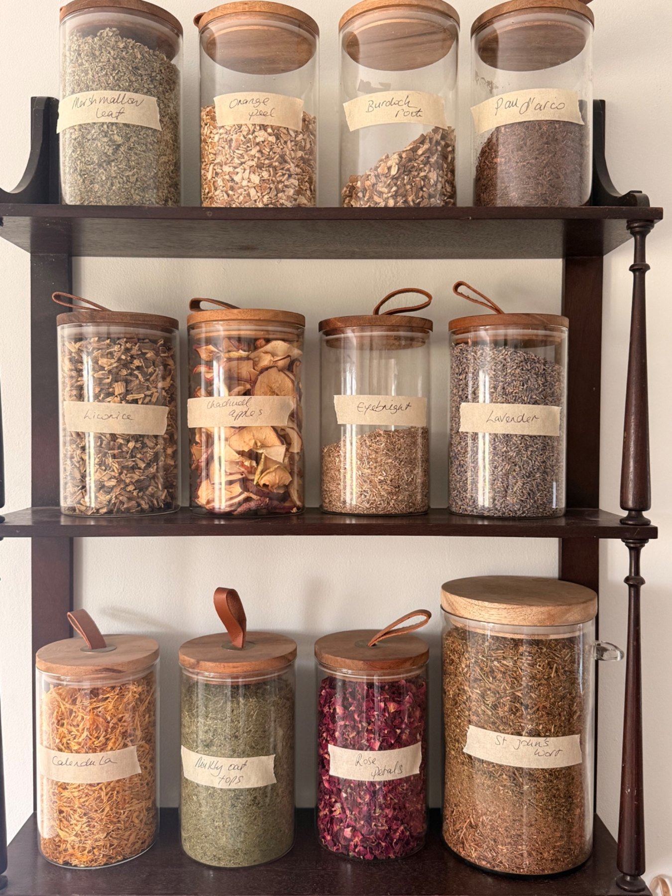 Glass jars of dried herbs on the dispensary shelves