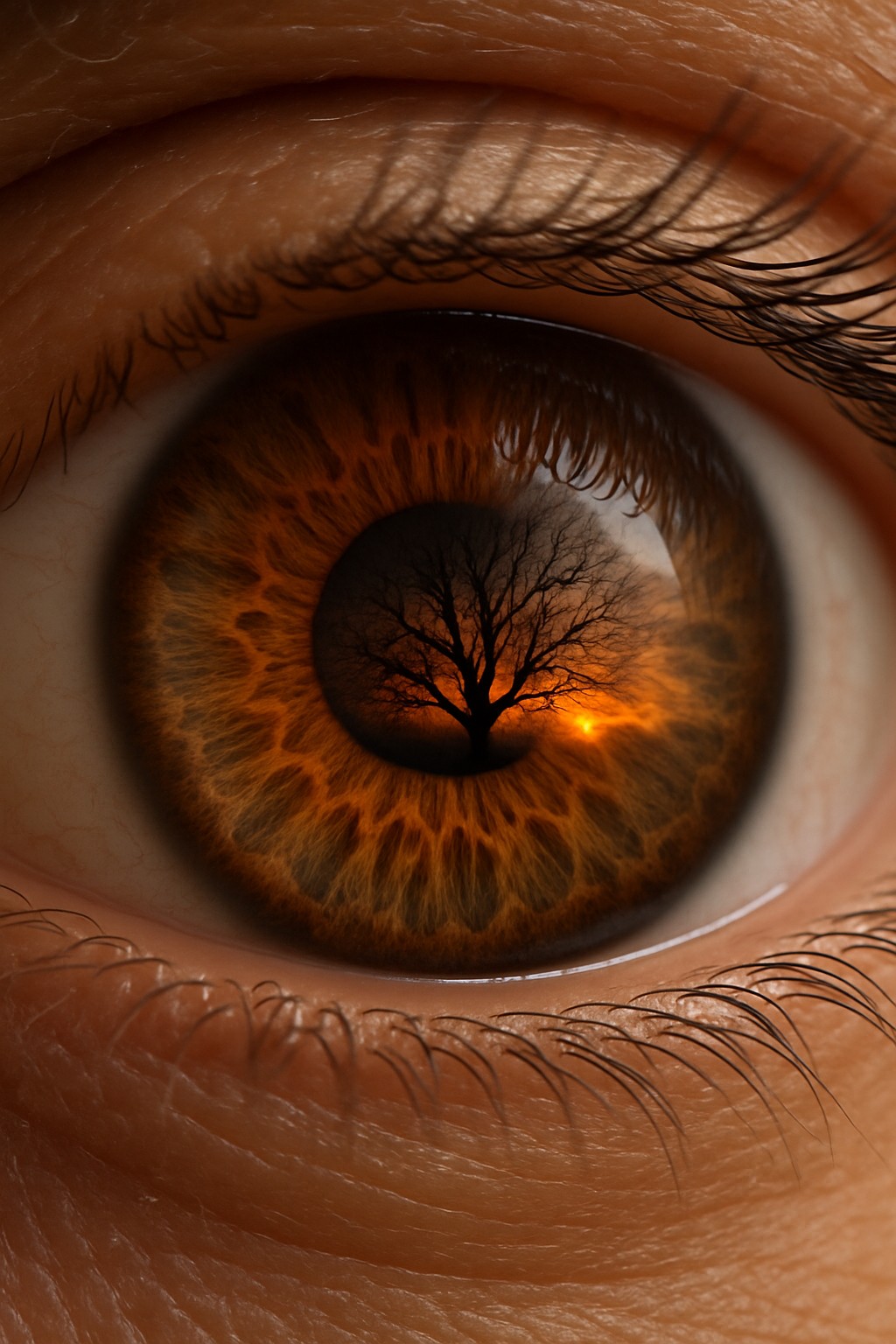 Artistic brown iris with a tree and sunset reflection