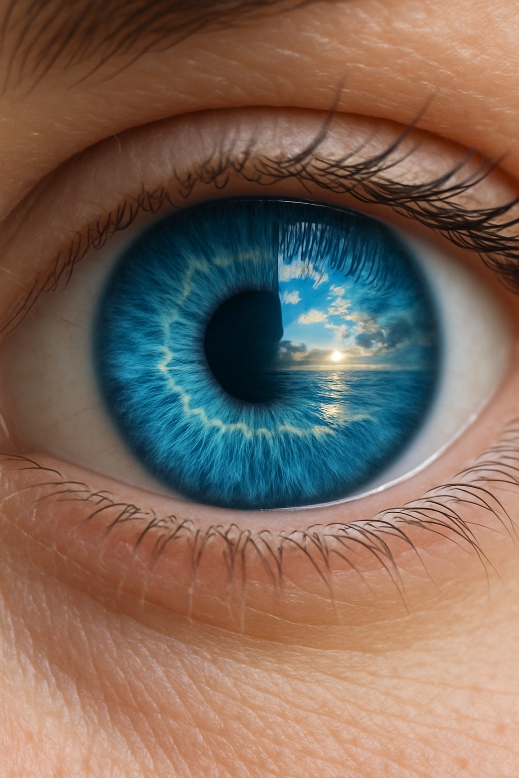 Artistic blue iris with an ocean reflection